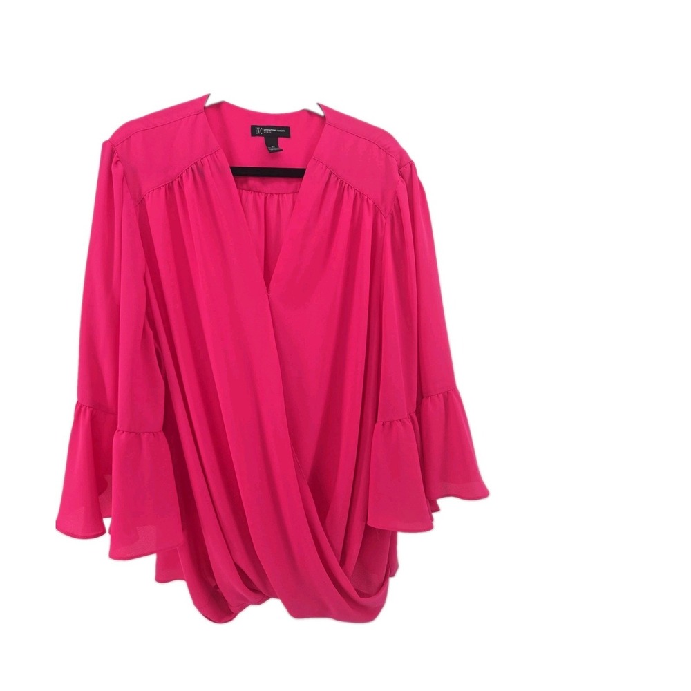 INC Woman Plus Size 3X Pink Chiffon Faux-Wrap Drape 3/4 Ruffle Sleeve Blouse Top